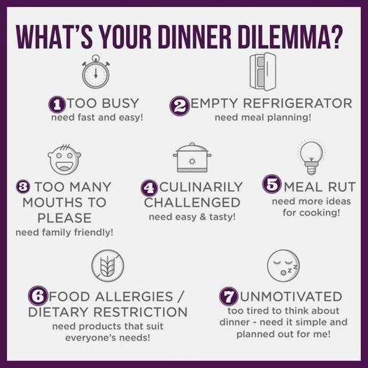 May be an image of one or more people and text that says 'WHAT'S YOUR DINNER DILEMMA? 1 TOO BUSY need fast and easy! EMPTY REFRIGERATOR need meal planning! TOO MANY MOUTHS TO PLEASE need family friendly! CULINARILY CHALLENGED need easy & tasty! MEAL RUT need more ideas for cooking! FOOD ALLERGIES DIETARY RESTRICTION need products that suit everyone's needs! UNMOTIVATED too tired to think about dinner need it simple and planned out for me!'